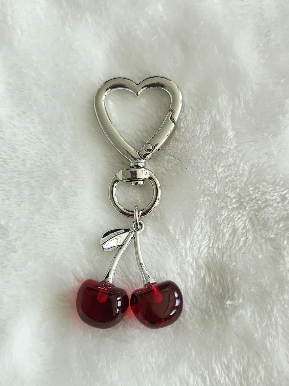 Silver Heart Keychain with Red Cherry Bag Charm Beautifu Fruit Purse Charm
